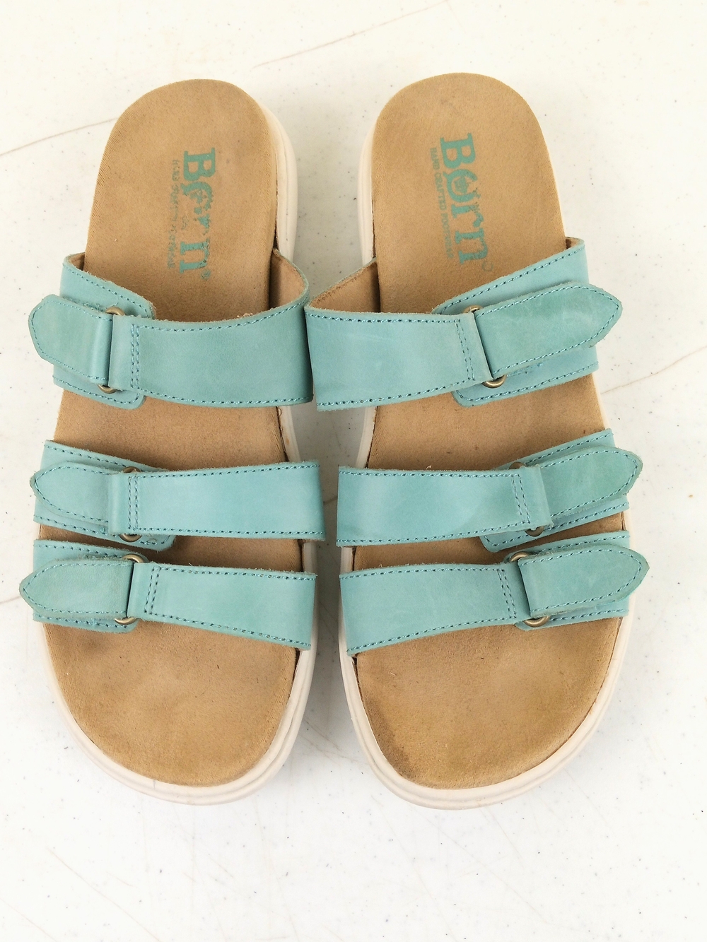 Born Women's Teal Blue Triple-Strap Slide Sandals Size 9